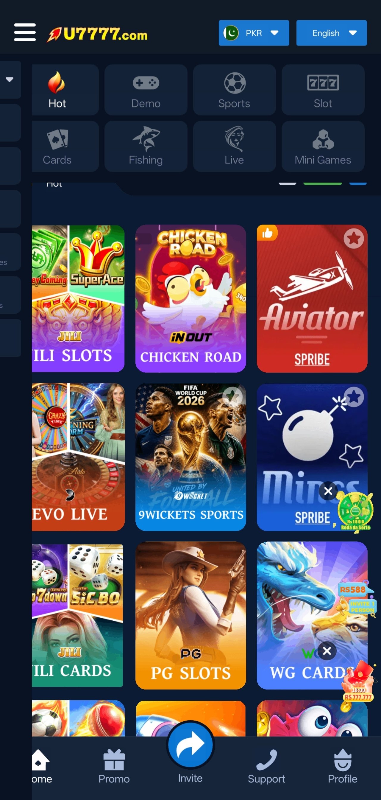 u7777 game lobby with slot, cards and mini game categories