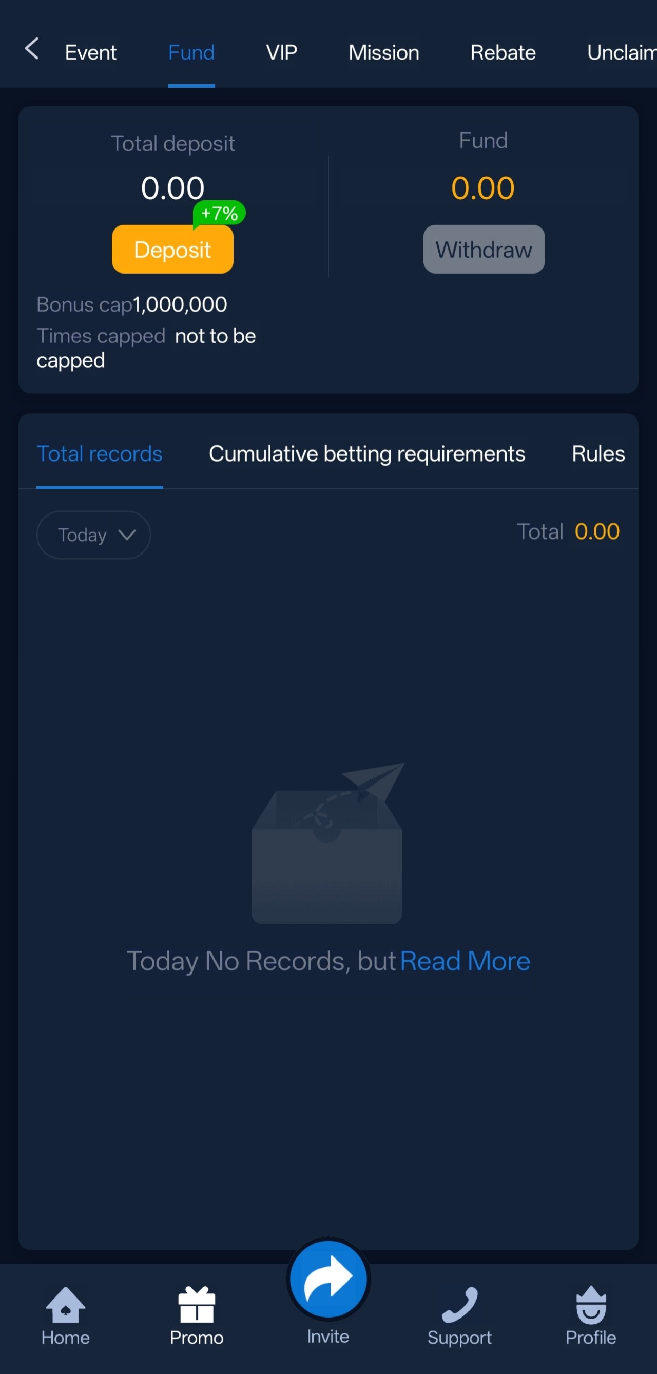 u7777 fund page with deposit, withdraw and bonus cap details